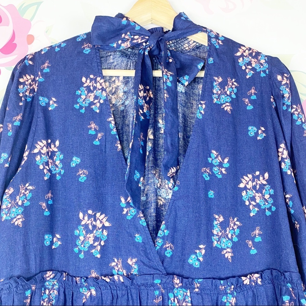NEW Free People Petit Fours Indigo Blue Floral Linen Mini Dress M - Picture 8 of 11